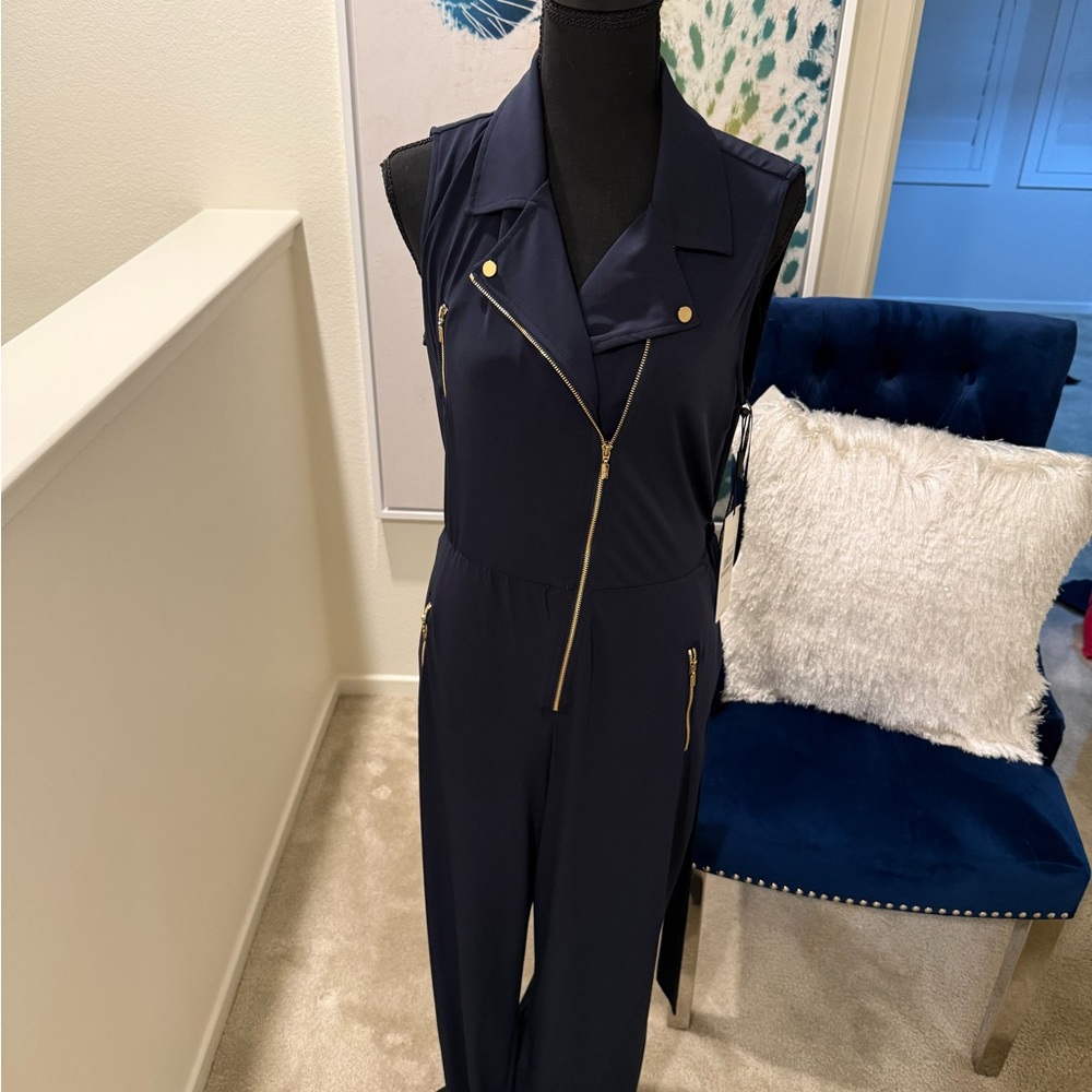 Calvin Klein Navy Jumpsuit with Gold Zipper Details